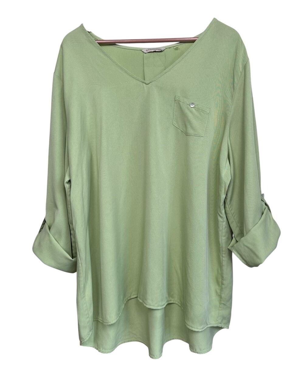 Soft Surroundings Green Flowy V-neck Tencel Roll Tab Sleeve Tunic Blouse Size 3X